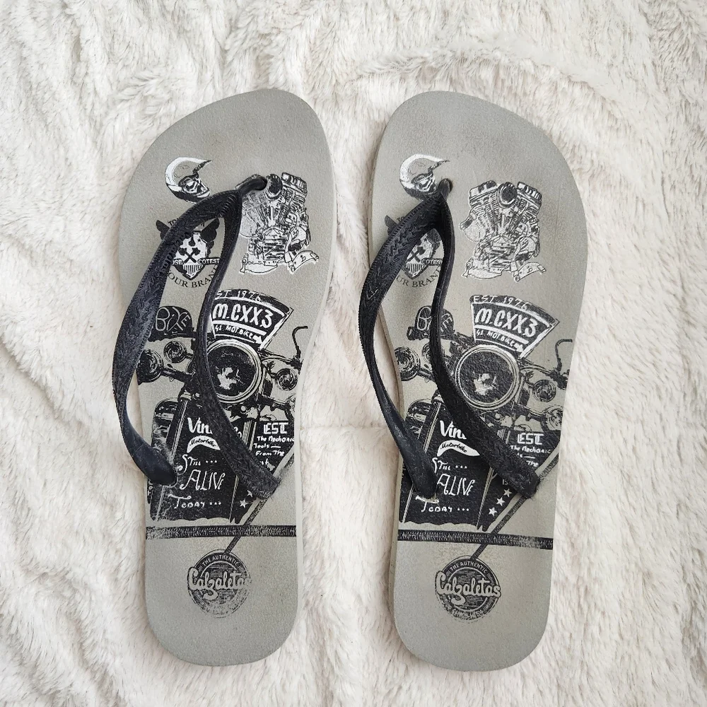 Flip Flops Men's Size 11, Blue Gray Printed, Lightweight, Easy